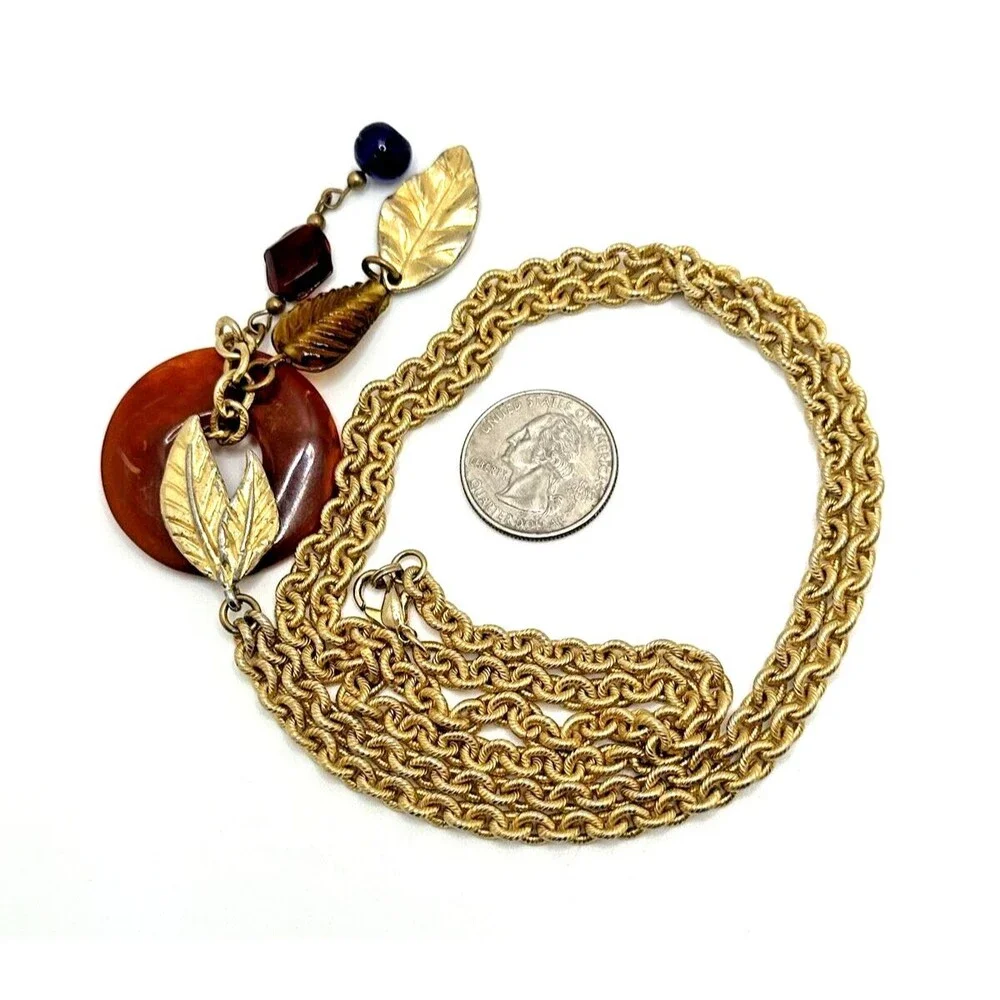 Vintage Tassel Necklace Long Gold Tone Chain Leaf Ring Statement Boho 33